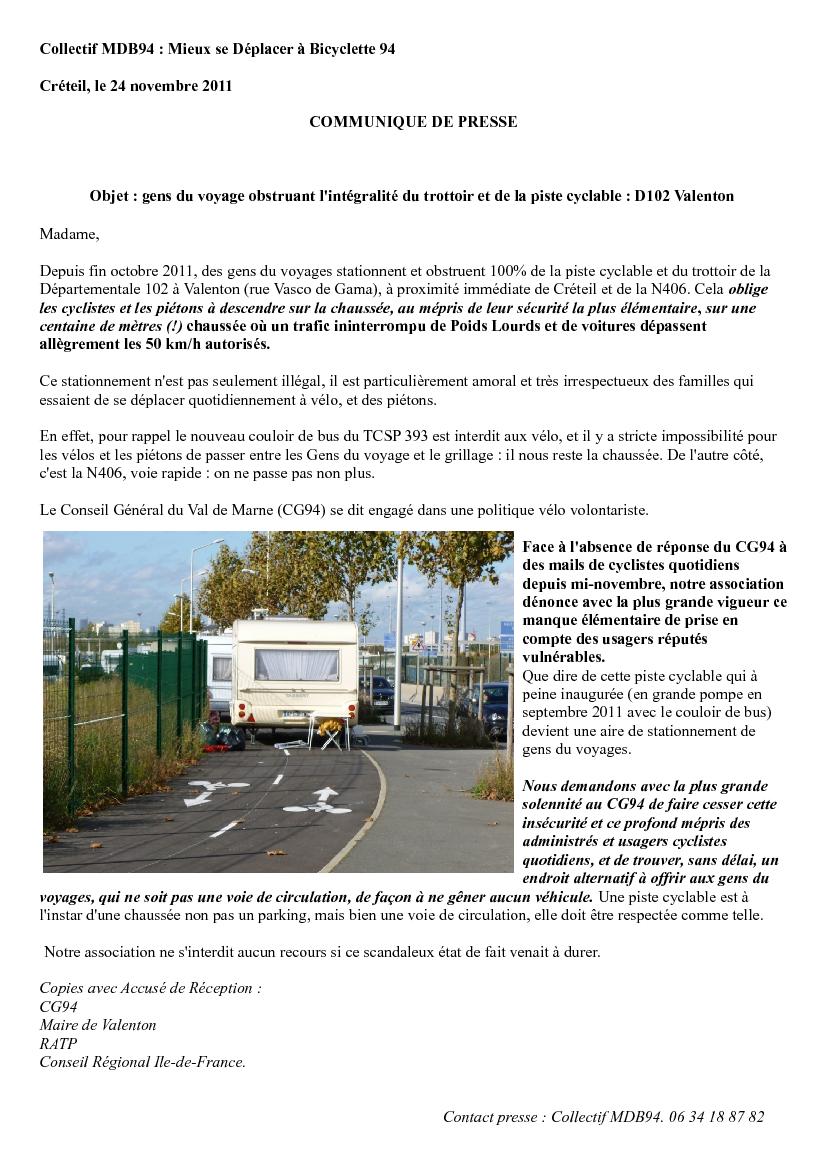 Communiqué de presse Gens du voyage VALENTON D102 Vasco de Gama